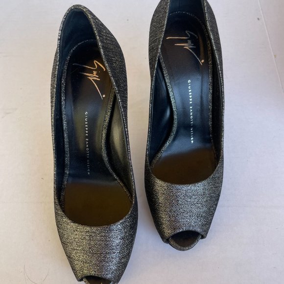 Giuseppe Zanotti Peep Toe Pumps Sz 39 Black/Grey Glitter Fabric Stiletto Heels - Picture 3 of 12